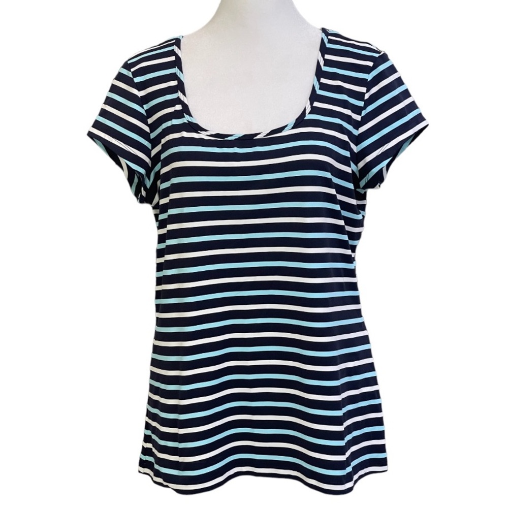 J. McLaughlin Blue White Stripes Tee Sz L Soft Nylon Spandex Short Sleeves Top